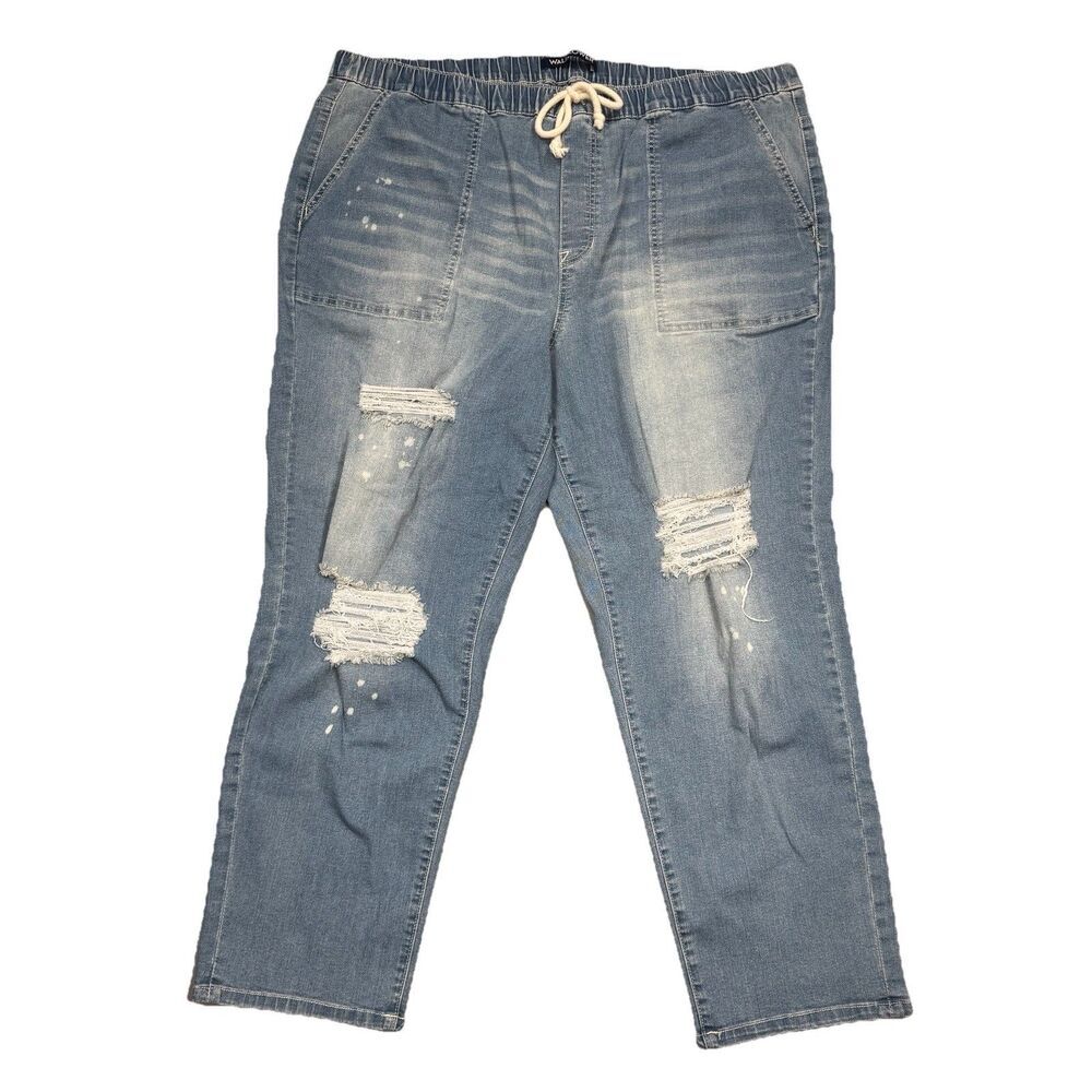 Wallflower Jeans Pull On Womens Plus 2X Blue Distressed Splatter Measure 42x27.5